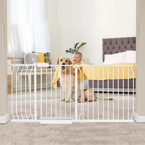 Miniatura 8 de Puerta extra ancha para bebé, puerta extra alta para perros, para escaleras, puertas, tensión de metal blanco, puertas de seguridad para mascotas