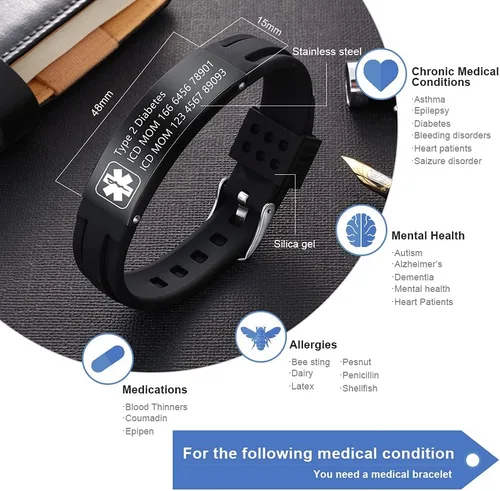 Miniatura 20 de OPALSTOCK Pulseras médicas personalizadas de silicona ajustable para identificación de emergencias, grabado gratuito, 9 pulgadas, resistente al