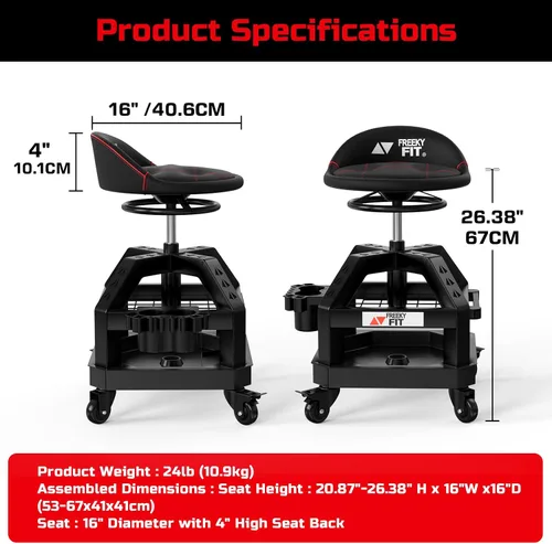 Miniatura 8 de Rolling Shop Taburete para garaje con ruedas, DO02 - Asiento giratorio de 360° de altura ajustable con almacenamiento de bandeja de herramientas