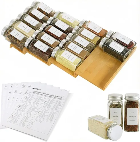 Organizador de cajones de especias con 18 tarros de especias, 216 etiquetas, 25 gomas antideslizantes, bandeja de bambú de 4 niveles para cajones de