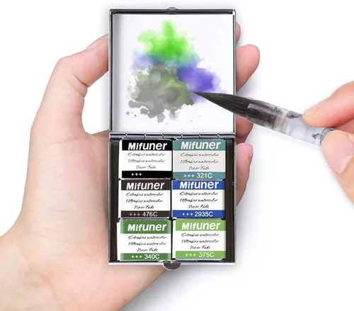 Miniatura 27 de Mini Juego de Caja de Lata de Viaje de Pintura de Acuarela de Artista Portátil Hecha a Mano con 6 Medias Bandejas Sólidas con Purpurina Nacarada