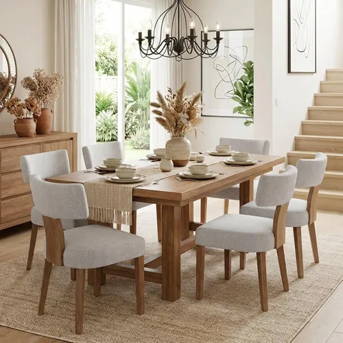 Miniatura 60 de HNY Juego de 6 sillas de comedor de ratán de estilo de mediados de siglo, silla de acento tapizada en lino de estilo granja con respaldo curvo