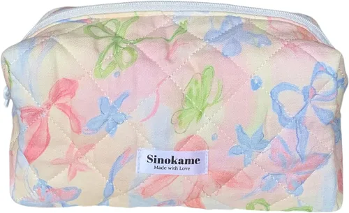 Miniatura 14 de SINOKAME Bolsa de maquillaje acolchada, bolsa de cosméticos hecha a mano de fresa, estuche organizador de maquillaje floral de coqueta, organizador