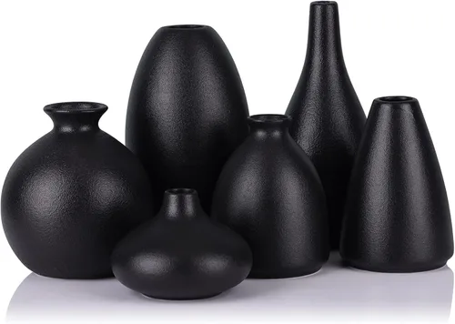 Juego de 6 jarrones pequeños de color negro mate para flores, jarrón de cerámica bohemio a granel para mesas, mini jarrón corto moderno a granel