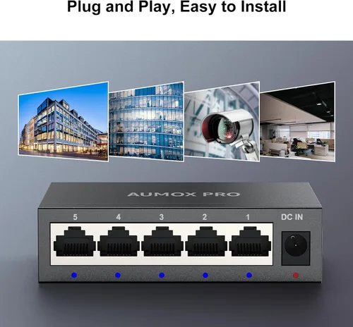 Miniatura 6 de Conmutador Ethernet Gigabit no administrado de 5 puertos, concentrador de red AUMOX PRO Home, divisor Ethernet de oficina, Plug-and-Play
