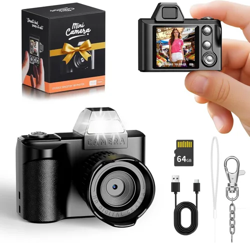 Mini llavero cámara digital - MaxMango 1080P HD video y tarjeta de 64 GB pequeña cámara retro, cámara de pantalla HD de 1.3 pulgadas para grabación