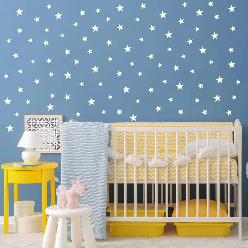 Miniatura 19 de Calcomanías de estrella azul bebé para niños y niñas, calcomanías de pared para habitación de niños (azul claro, estrella mixta, 112 unidades)