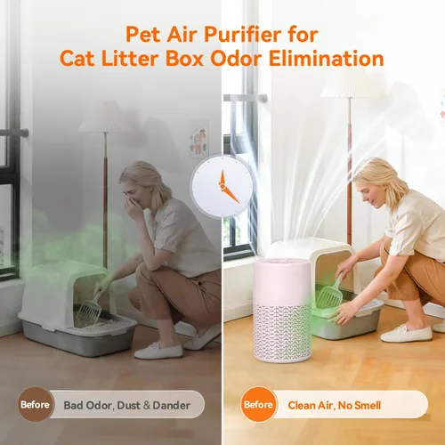 Miniatura 6 de AIRROMI Purificador de aire para mascotas para alergias en el hogar, hasta 660 pies cuadrados, filtro de carbón activado desodorizante HEPA, con Rosa