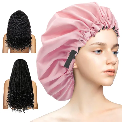 Miniatura 11 de Aquior Gorro de ducha para mujer, extra ajustable, doble capa, impermeable, reutilizable, gorra de pelo de tamaño grande para todo el cabello