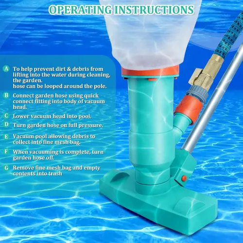 Miniatura 7 de Limpiador subacuático de alta calidad para piscina, 3 cepillos de fregar, 2 bolsas de malla fina, 6 secciones telescópicas de 56.5 pulgadas y mango