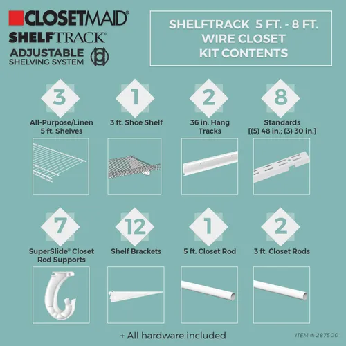 Miniatura 3 de ClosetMaid ShelfTrack - Sistema organizador de alambre para armario, ajustable de 5 a 8 pies, con estantes, barras de ropa, estante para zapatos