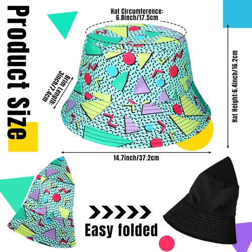 Miniatura 2 de Juego de 2 sombreros de cubo de los años 80 y 90 para hombres y mujeres, paquete de cintura de neón para fiestas deportivas, como se muestra