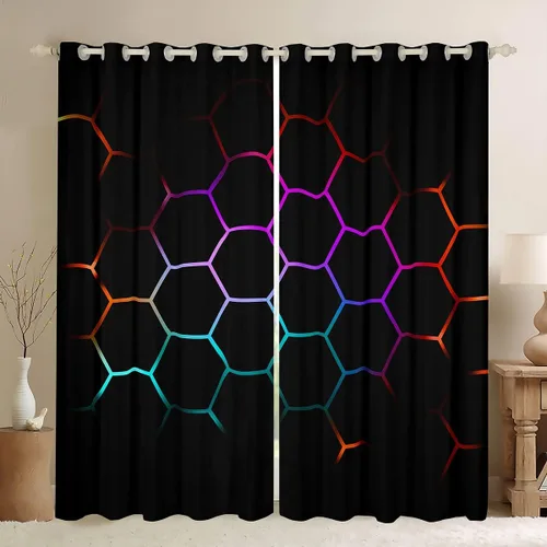 Miniatura 71 de Feelyou - Cortinas de ventana en forma de panal, tema geométrico hexagonal con luces de neón verdes, para chicos adolescentes y hombres, elegante