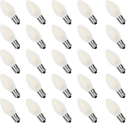 Miniatura 14 de Paquete de 25 bombillas LED transparentes C7, bombillas de repuesto de Navidad con base de candelabro E12, bombillas blancas cálidas inastillables