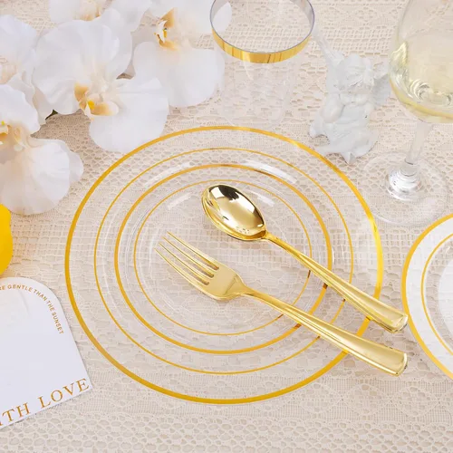 Miniatura 5 de Juego de vajilla dorada de 700 piezas, juego de vajilla desechable transparente para 100 invitados para fiestas, bodas, incluye: 200 platos Dorado