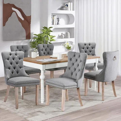 Miniatura 147 de SoarFlash Juego de 2 sillas de comedor de tela de lino, sillas de comedor tapizadas con ribete de cabeza de clavo y patas de madera de color claro