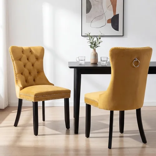 Miniatura 75 de OVENTA Juego de 4 sillas de comedor modernas tapizadas copetudas, terciopelo negro y gris y cuero con patas de madera maciza, sillas de cocina