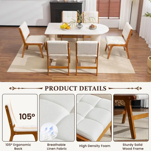 Miniatura 3 de Furniliving Juego de 2 sillas de comedor de madera de roble, silla de cocina tapizada de tela de lino moderna de mediados de siglo, sillas de Beige