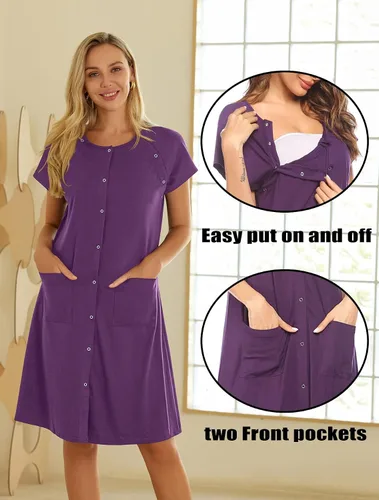 Miniatura 3 de Ekouaer Vestido de enfermería 3 en 1 para el partopartohospital, camisón de maternidad para lactancia materna con botón S-XXL