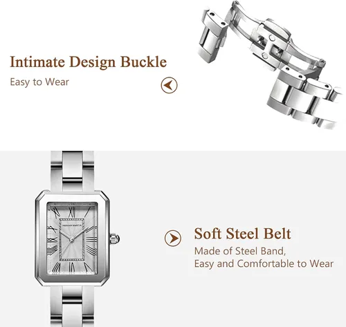 Miniatura 3 de RORIOS Reloj analógico de cuarzo para mujer, con correa de acero inoxidable, impermeable, retro, cuadrado, reloj elegante para mujer