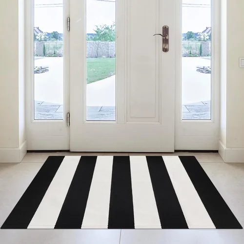 Miniatura 31 de Alfombra de Exterior de Cuadros Buffalo 2x3 pies, Alfombra Tejida de Algodón Negro y Blanco Roto, Tapetes para Puerta de Porche Frontal, Alfombra