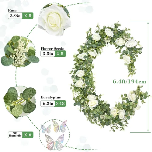 Miniatura 5 de Yastouay - Guirnalda de flores blancas de 6.4 pies con mariposas, guirnalda artificial de eucalipto con flores, vid de rosa falsa para centro