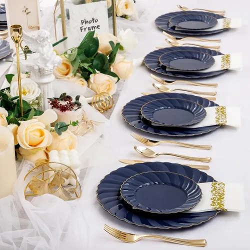 Miniatura 8 de YOUBET 150 platos de plástico azul, cubiertos de plástico dorado, platos desechables de color azul marino resistentes, incluyen 50 platos, 25