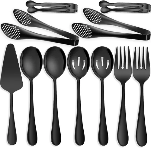 Miniatura 17 de 10 utensilios de acero inoxidable para servir, grandes cucharas ranuradas, tenedores de servir, pinzas para servir, pinzas para azúcar, juego