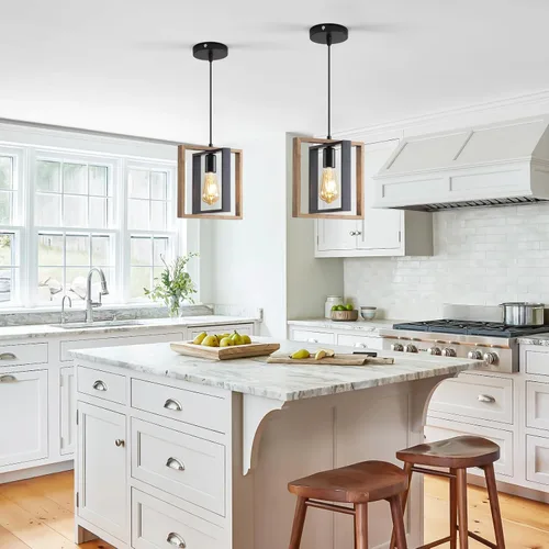 Miniatura 17 de Lámpara colgante estilo granja, luces colgantes negras para isla de cocina, luz colgante de metal industrial y madera vintage, lámpara de techo