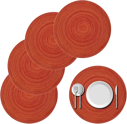 Miniatura 13 de Juego de 4 manteles individuales redondos trenzados de 15 pulgadas, manteles individuales lavables para mesa de cocina, bodas, fiestas (negro y gris)
