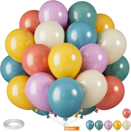 Miniatura 32 de Globos Saxuxu azul, amarillo y naranja, de 12 pulgadas, globos retro azul marino, amarillo y naranja, de látex y helio para cumpleaños de niños