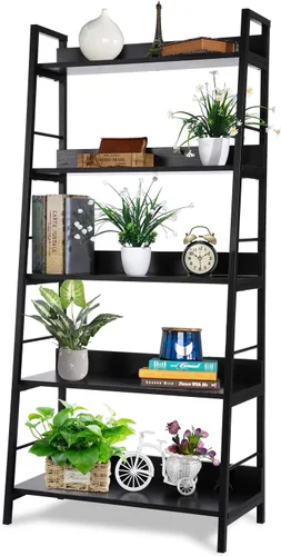 Miniatura 9 de Homdox Estantería de escalera de 5 niveles, estantería industrial de madera y metal, soporte para plantas y flores, estante de almacenamiento