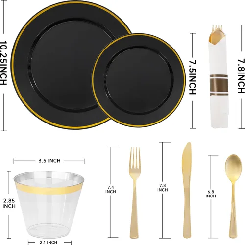 Miniatura 2 de SUT Juego de vajilla de plástico negro y dorado de 175 piezas para 25 invitados, incluye: 25 platos llanos, 25 platos de postre, 25 servilletas