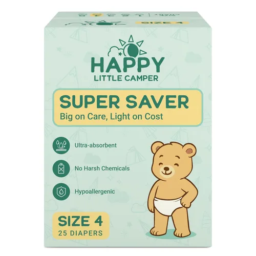 Happy Little Camper Pañales Super Saver, talla 4, 25 unidades | Pañales desechables económicos para piel sensible | Hipoalergénicos, sin fragancia,