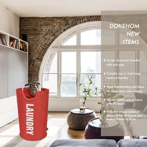 Miniatura 2 de DOKEHOM Cesta de lavandería grande de 90 L, bolsa de lavandería plegable, cesta de ropa alta independiente, contenedor de lavado plegable (rojo)