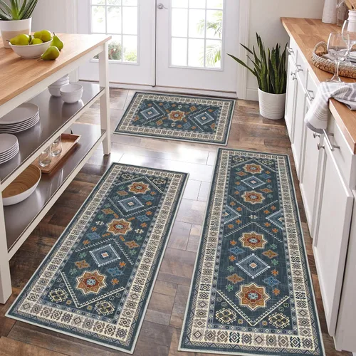 Miniatura 17 de HEBE - Juego de alfombras de cocina bohemias de 3 piezas con corredor, alfombras de cocina antideslizantes y tapetes lavables para piso de cocina