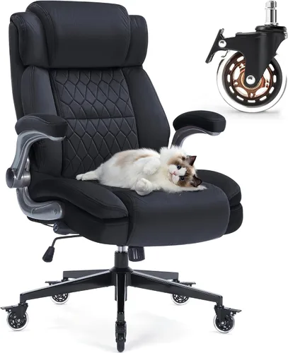 Silla de oficina con respaldo alto de 400 libras, tela acolchada gruesa, soporte lumbar ajustable y brazos abatibles, ruedas de bloqueo, silla de