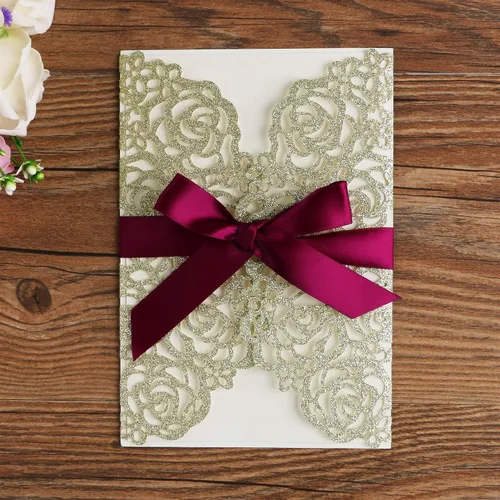 Miniatura 2 de ponatia 25 unidades por lote de 250 GSM, 5.12 x 7.1 pulgadas, con purpurina, rosa hueca con cinta burdeos, para boda, despedida de soltera