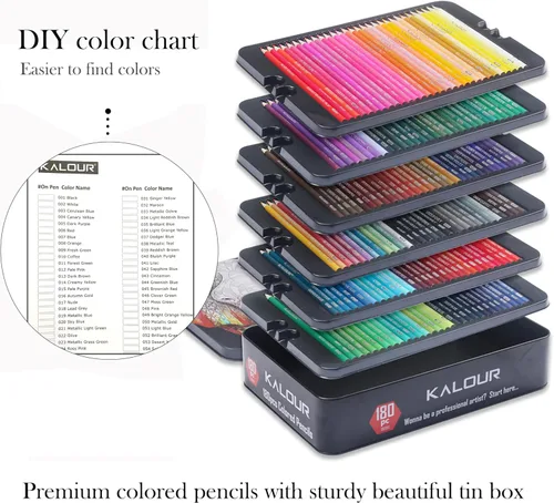Miniatura 7 de KALOUR Juego de 180 lápices de colores para adultos y artistas - Núcleo blando de pigmento rico - 12 lápices metálicos - Ideal para colorear