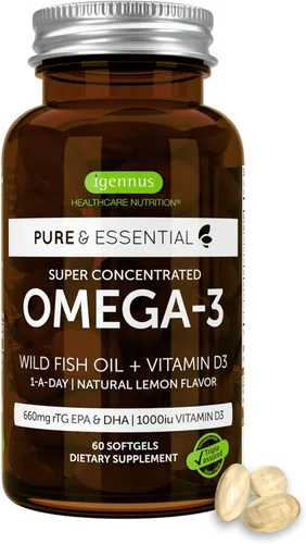 Pure & Essential Omega-3 y D3 1000iu, rTG de acción rápida, soporte para ojos, corazón y función cerebral, 1 al día, aceite de pescado silvestre