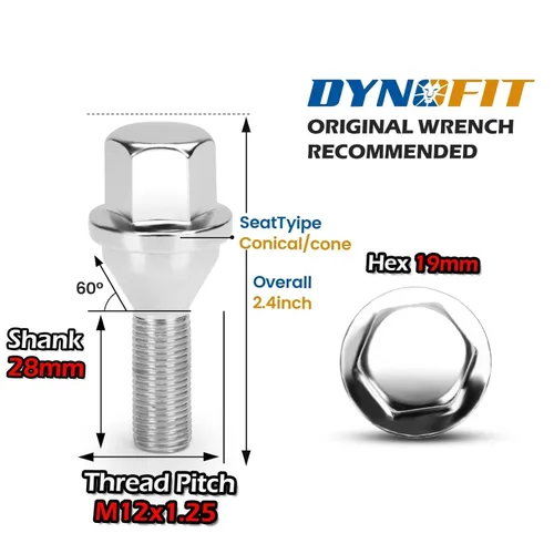 Miniatura 2 de dynofit 12x1.25 Tornillos de perno de rueda OEM/Stock, juego de 20 piezas con vástago de 28mm, hexágono de 19mm, 2.45 pulgadas de longitud, pernos