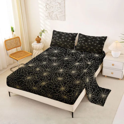 Miniatura 14 de Erosebridal Sábanas de Telaraña Juego de Sábanas Feliz Halloween Juego de Ropa de Cama de Líneas Rayas Geométricas Tamaño King Sábana Plana Amarillo