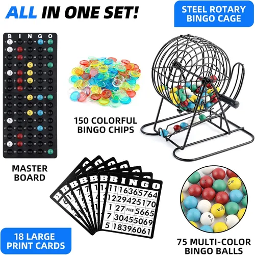 Miniatura 2 de Homwom El juego de bingo de lujo incluye 18 cartas mixtas, 150 fichas vibrantes, 75 bolas de llamada, jaula de bingo de 8 pulgadas, juego de bingo