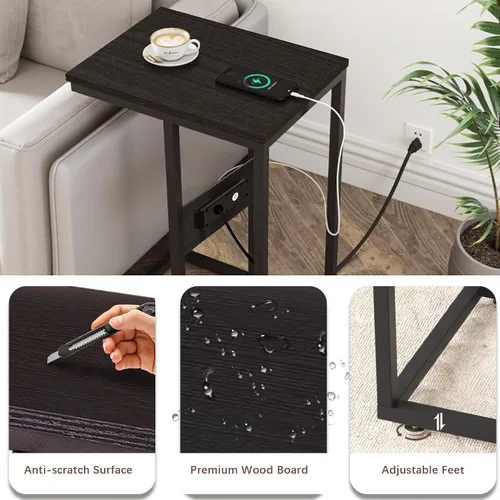 Miniatura 5 de VECELO Mesa auxiliar en forma de C con estación de carga y tomas de corriente para sofá, cama, bandeja de TV con marco de metal para sala de estar