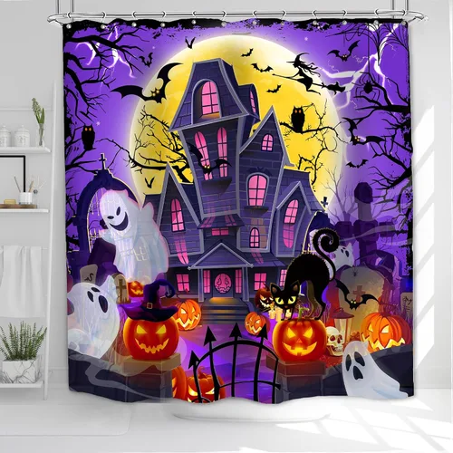 Miniatura 6 de Cortina de ducha de Halloween, cortina de baño impermeable de castillo, 71 x 71 pulgadas, decoración de baño de calabazas espeluznantes y fantasmas