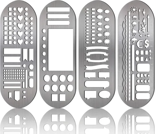 Chinco 4 Pieces Stencils Metal Journal Template 7.9 x 2.4 Inches Bookmark Ruler School Supplies Stainless Steel Stencils Set for DIY, Engraving,