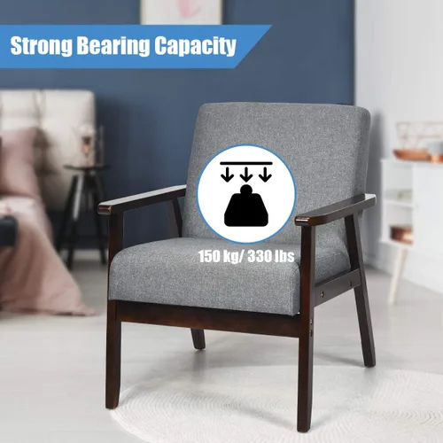 Miniatura 6 de Giantex Juego de 2 sillas decorativas modernas de mediados de siglo, sillón de tela retro, hecho de madera maciza, sillón tapizado de lino para sala