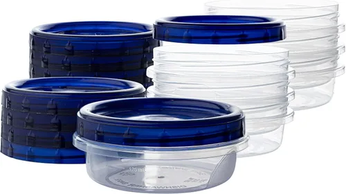 PLASTICPRO [8 oz 96 Pack] Contenedores Twist Top para bocadillos con parte inferior transparente y tapa azul giratoria en las tapas, reutilizables,