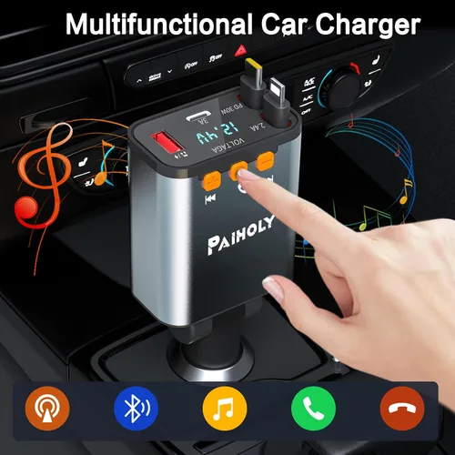 Miniatura 3 de Adaptador Bluetooth 5.3 para automóvil, transmisor FM cargador de coche Bluetooth, cargador de coche retráctil 4 en 1, adaptador de carga rápida USB