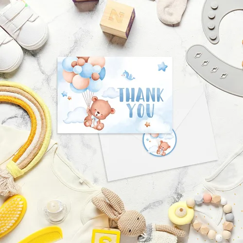 Miniatura 3 de AnyDesign Tarjetas de agradecimiento de oso para baby shower, paquete de 30 tarjetas de felicitación con globos de oso azul de dibujos animados